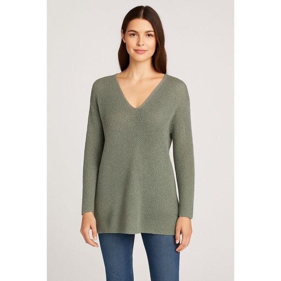 Peruvian Connection Sage Green Knit V-Neck Tunic Sweater M 100% Pima Cotton - Picture 1 of 14